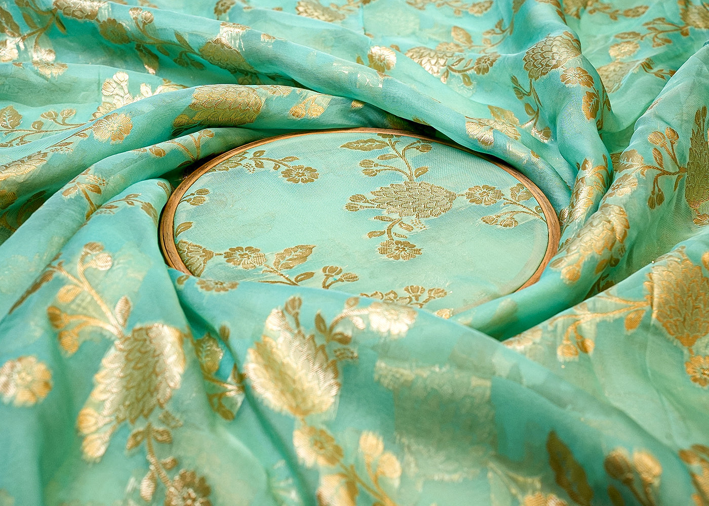 Ocean Blue Organza Fabric with Allover Floral Golden Thread Weave 13643