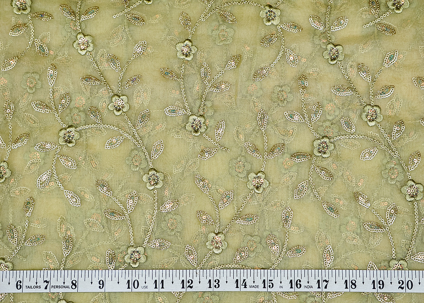 Rust Organza Fabric with Allover Floral Print, Thread & Sequins Work 13646