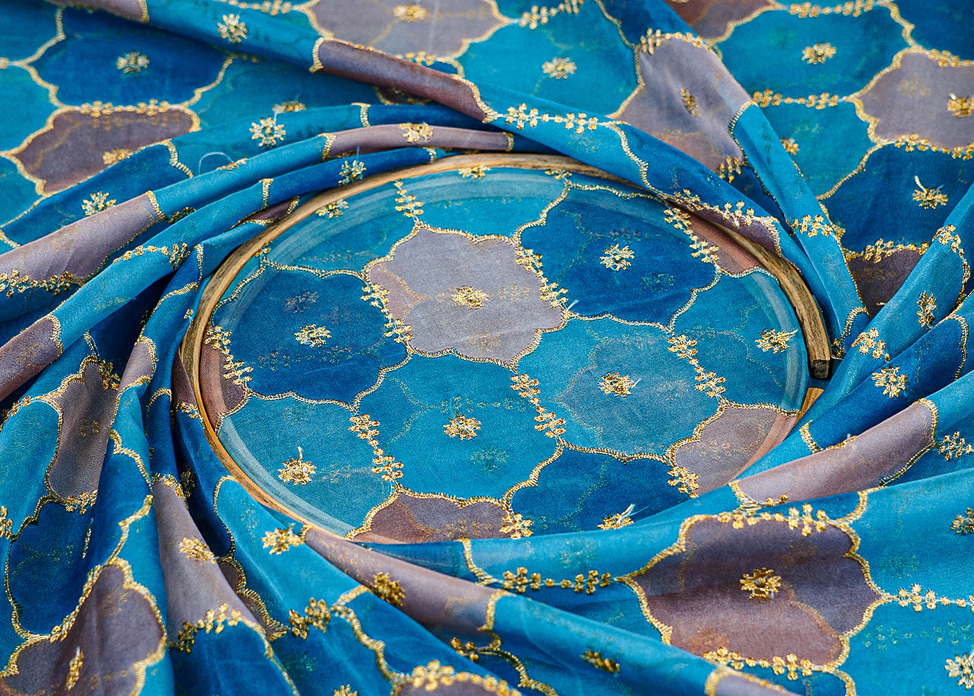 Blue Organza Printed Fabric with Allover Thread Work 13648