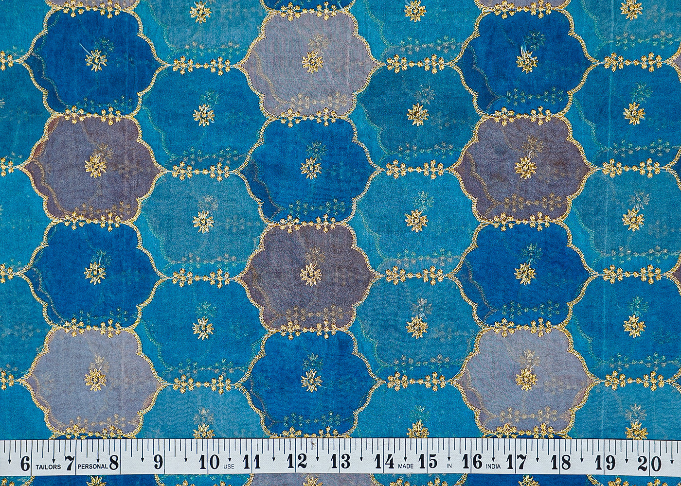 Blue Organza Printed Fabric with Allover Thread Work 13648