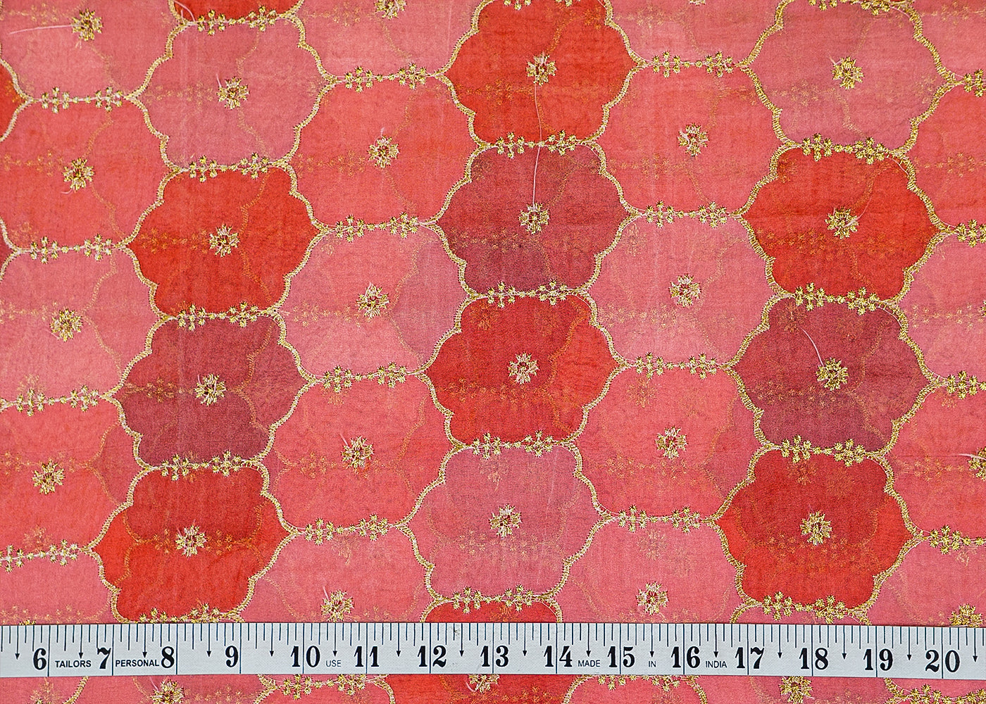 Pink Organza Printed Fabric with Allover Thread Work 13651