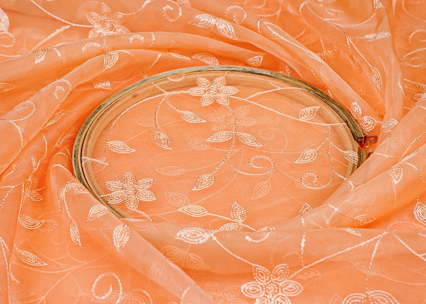 Peach Organza Fabric with Allover Thread and Sequins Work 13655