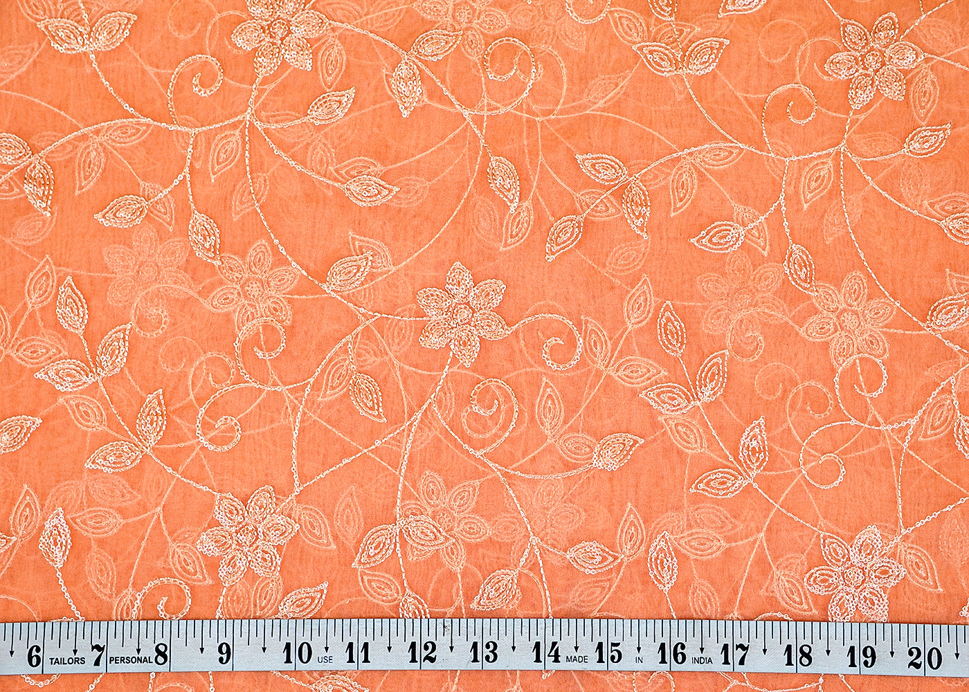 Peach Organza Fabric with Allover Thread and Sequins Work 13655