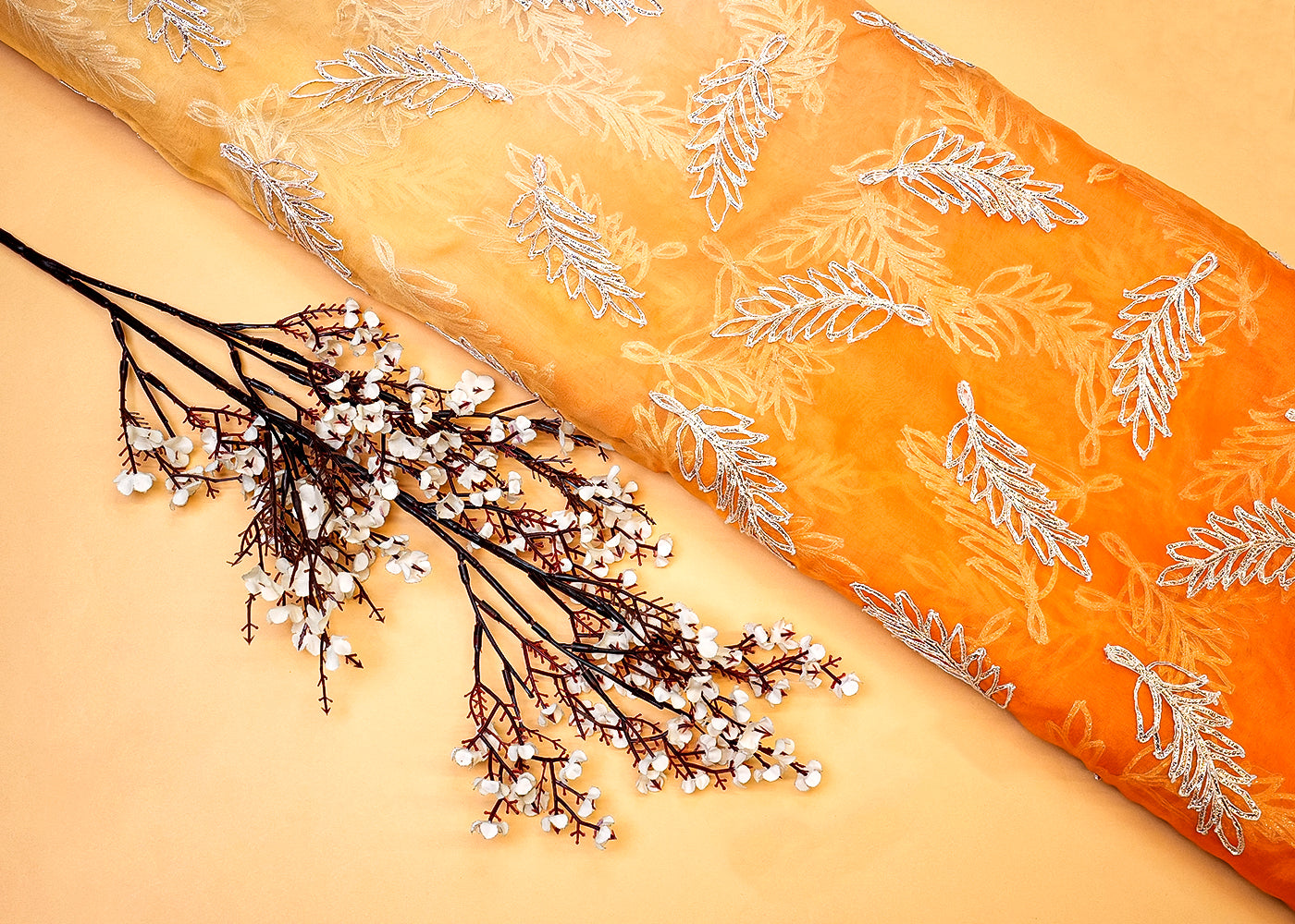 Orange Organza Fabric with Ombre Shade and Allover Gota Work 13659