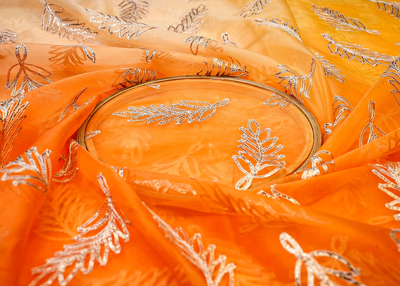 Orange Organza Fabric with Ombre Shade and Allover Gota Work 13659