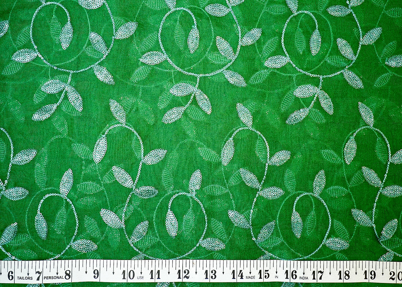 Green Organza Fabric with Allover Thread and Sequins Work 13662