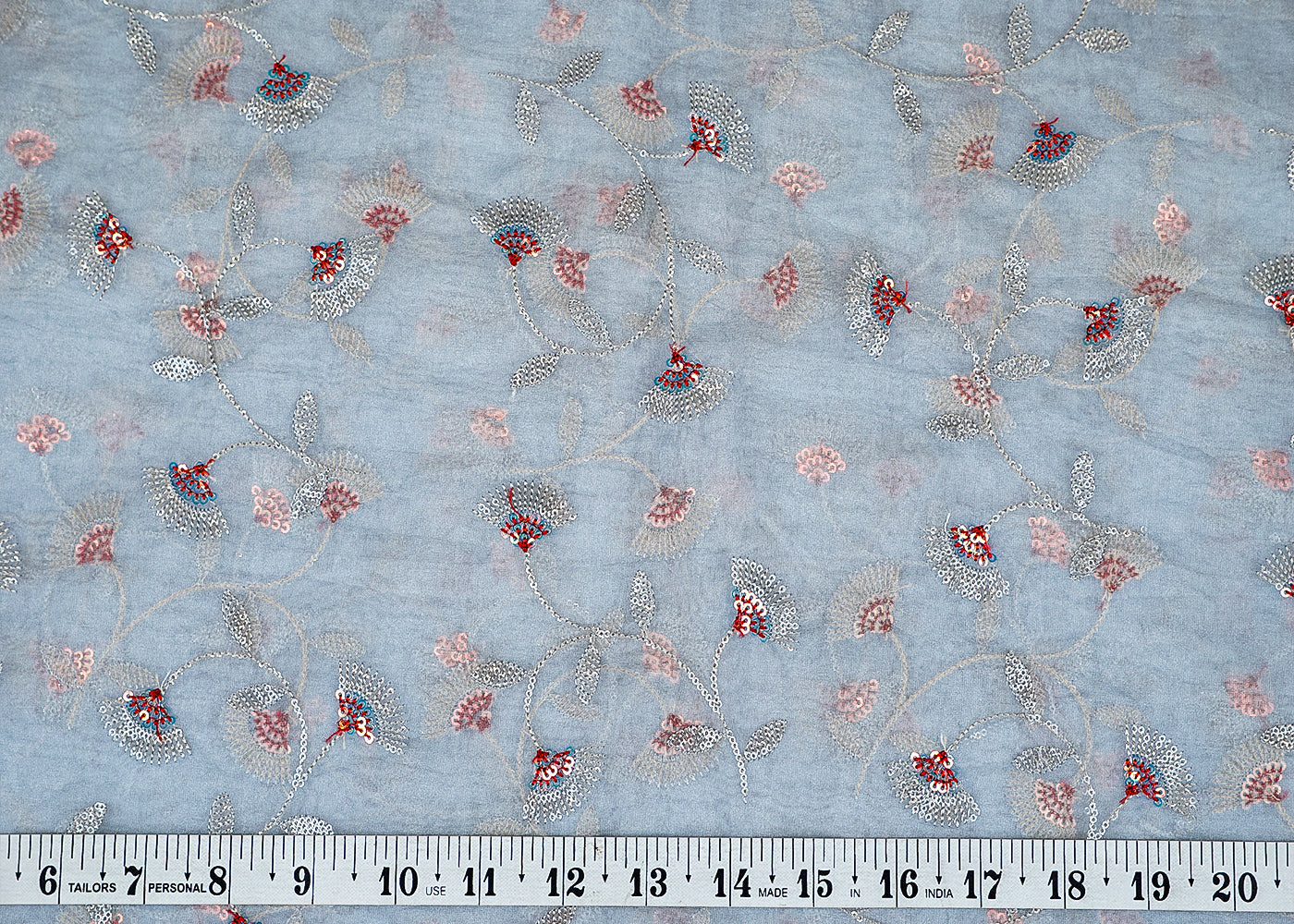 Grey Organza Fabric with Allover Thread and Rainbow Sequins Work 13663