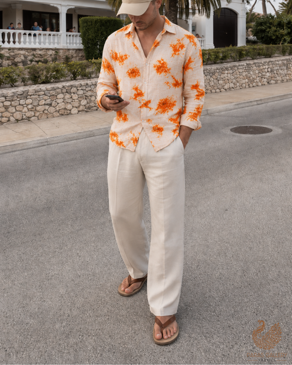 Orange Printed Cotton Fabric with Tie and Dye Pattern 13759