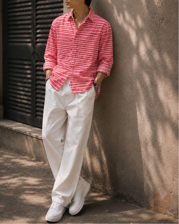 Hot Pink Cotton Fabric with Alternate Stripes Print 13772