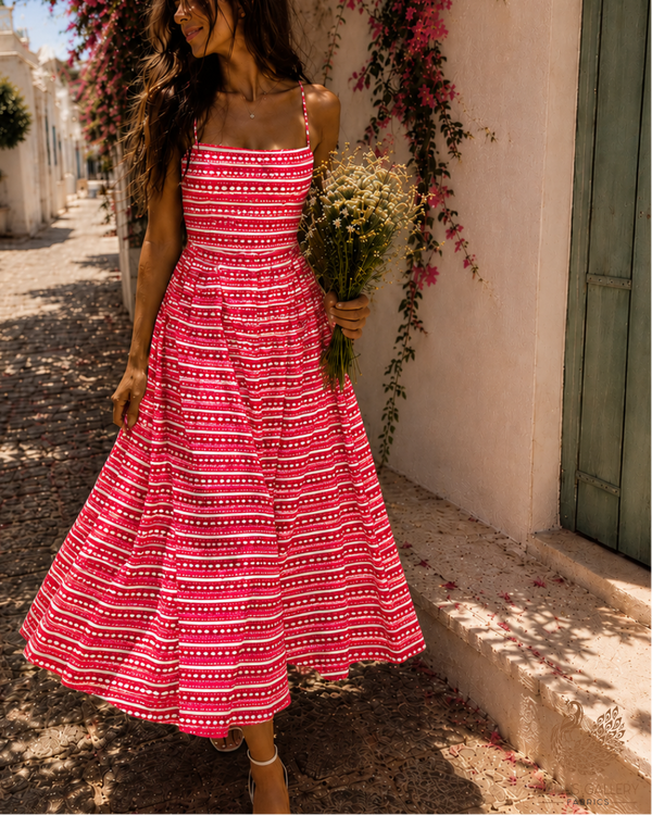 Hot Pink Printed Cotton Fabric with Alternate Stripes 13780