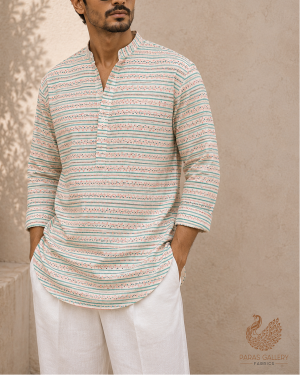 Light Beige Cotton Fabric with Alternate Stripes Print 13823