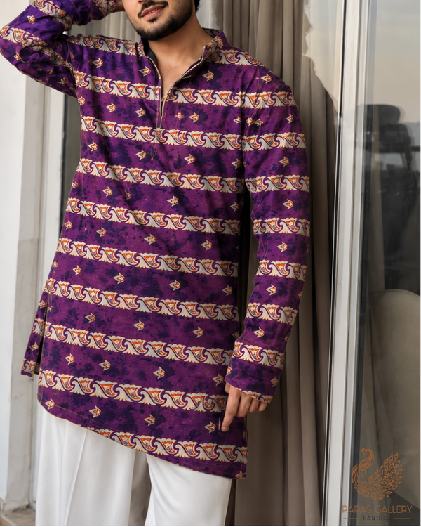 Purple Cotton Fabric with Alternate Stripes and Small Butis 13824