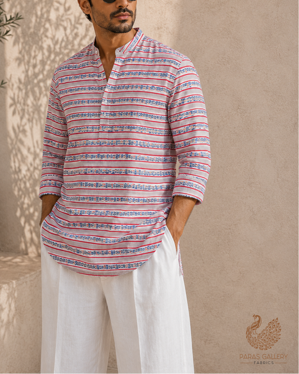 Grey And Blue Cotton Fabric with Alternate Stripes Print 13832