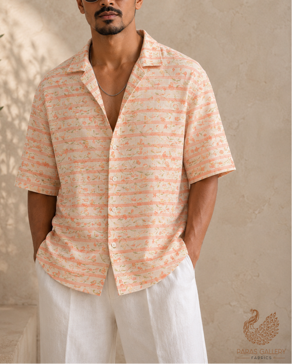 Peach Cotton Fabric with Floral Motifs and Stripes 13850