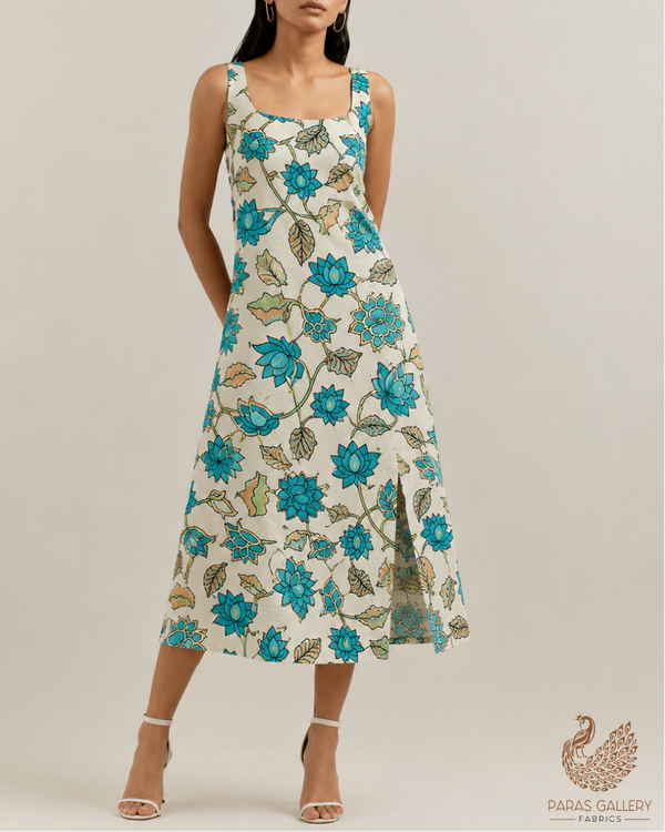 White And Blue Cotton Fabric with Allover Abstract Flower Pattern 13854