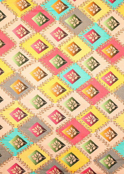 Beige Glaze Cotton Fabric with Allover Multi-Color Check Boxes 13908