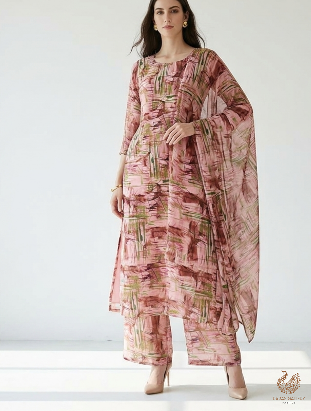 Onion Cotton Silk Fabric with Allover Brush Strokes Effect 13914