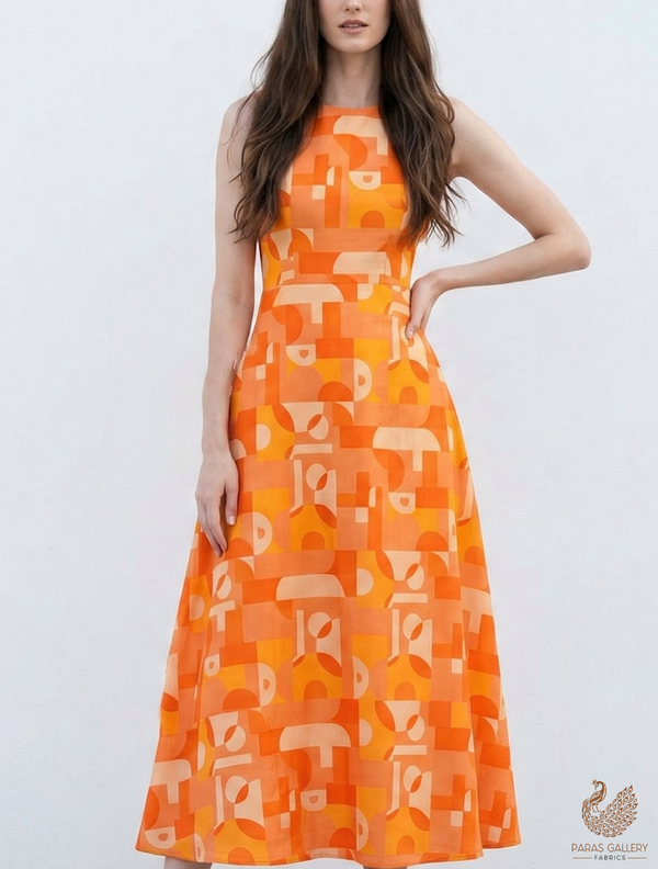 Orange Cotton Silk Fabric with Allover Abstract Pattern 13917