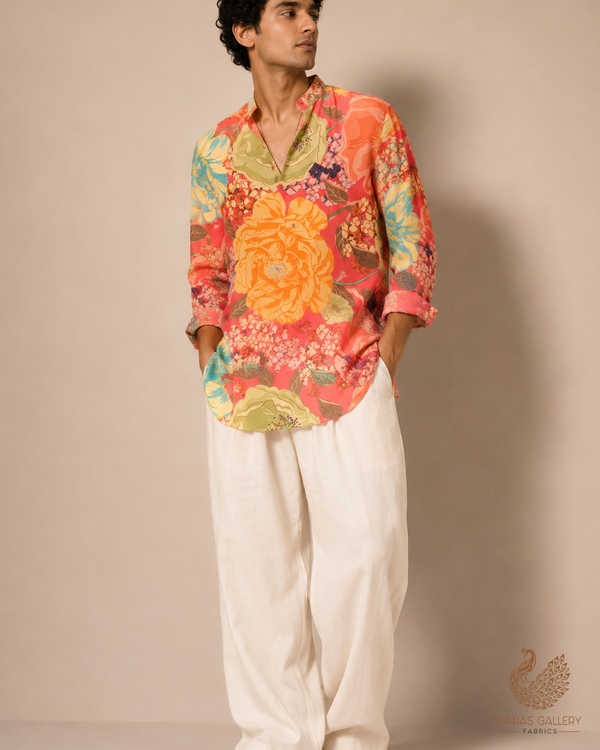 Pink Moss Crepe Fabric with Allover Big Flower Motif 13948