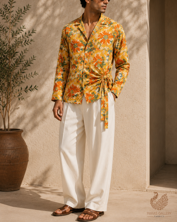 Mustard Moss Crepe Fabric with Allover Flowers 13960