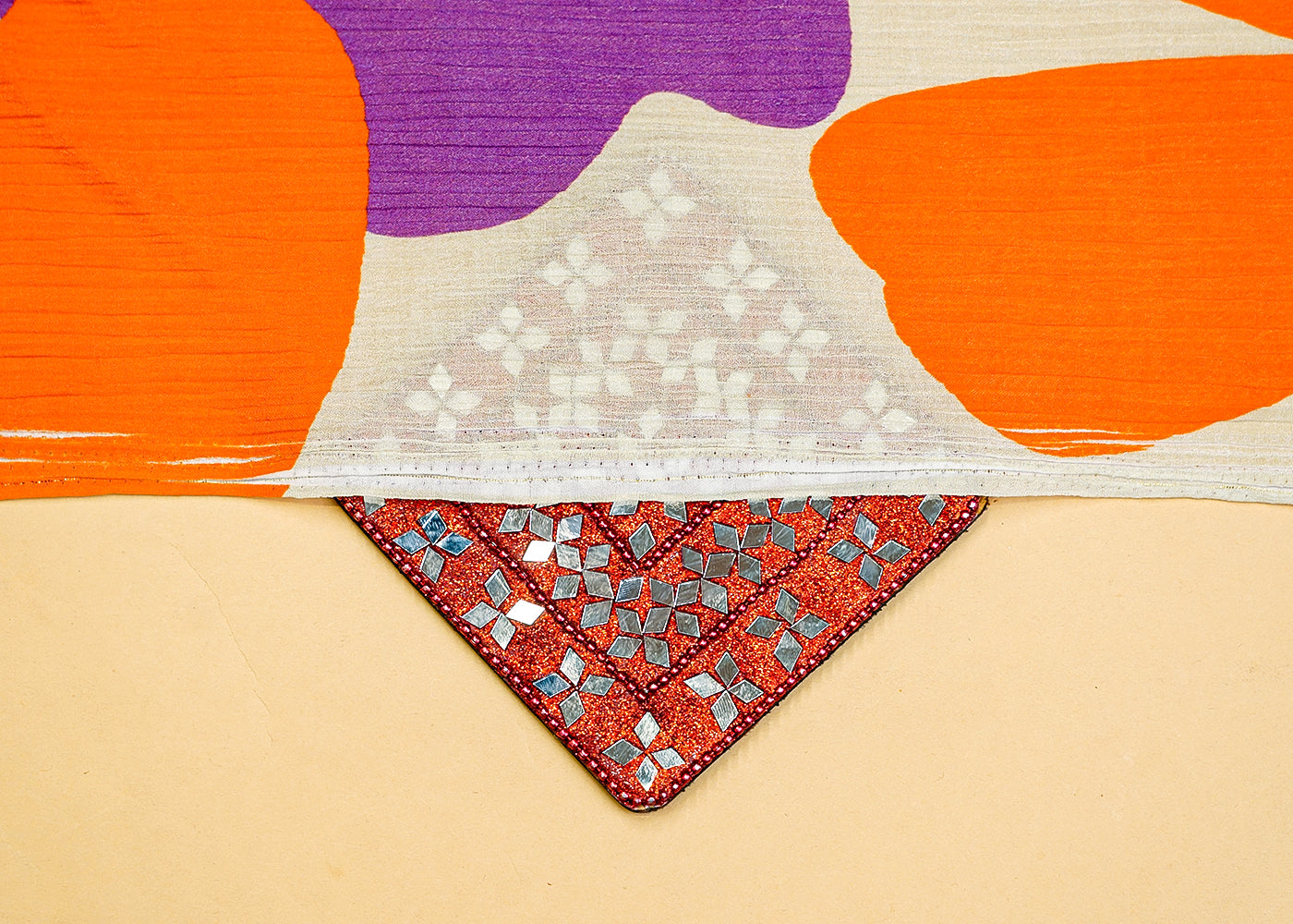Orange & Purple Chinon Chiffon Fabric with Allover Multi-Color Flowers 13966