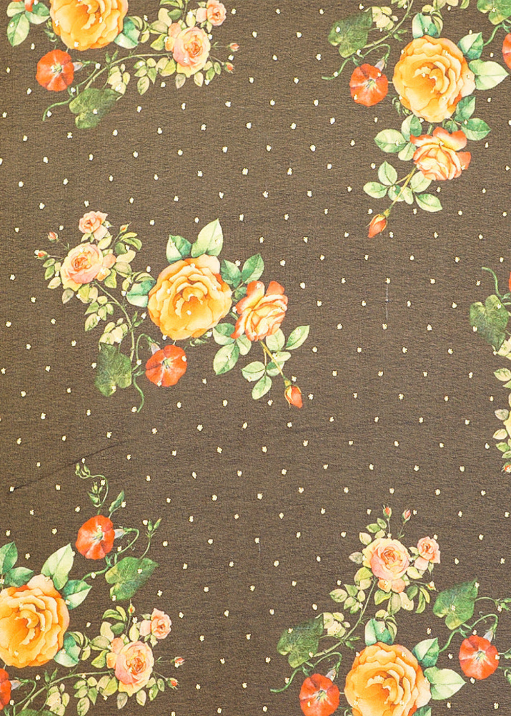 Charcoal-Grey-Georgette-Fabric-with-Allover-Floral-Motifs-and-Golden-Dots-13999