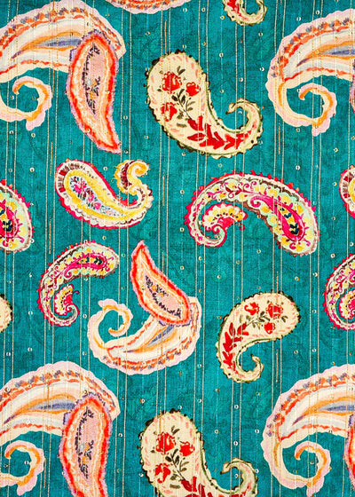 Light Teal Chanderi Fabric with Allover Paisley Print, Thread, and Sequins Work 14042