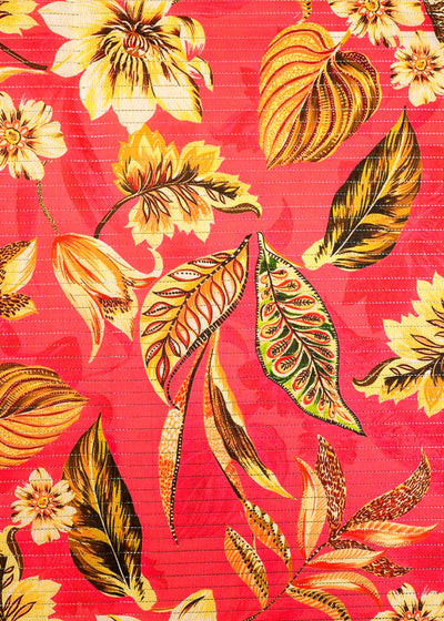 Pink Chanderi Fabric with Allover Floral Print and Thread Lines 14045