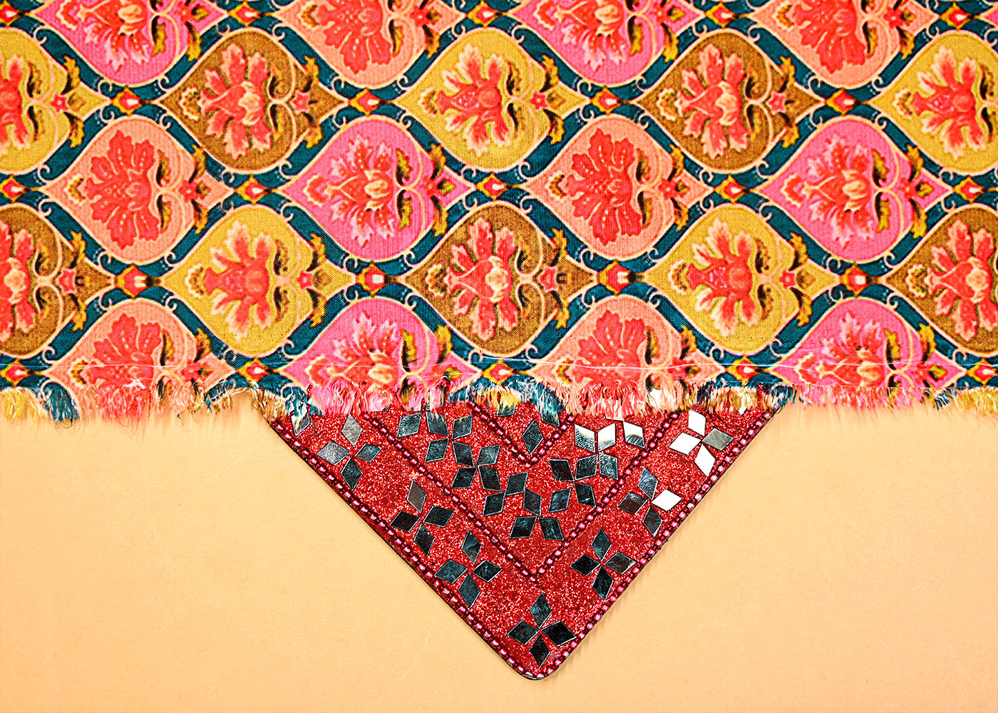 Pink And Lime Green Modal Dupion Fabric with Allover Traditional Pattern 14067