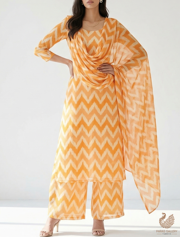 Light Yellow Cotton Linen Fabric with Allover Zig Zag Pattern 14115