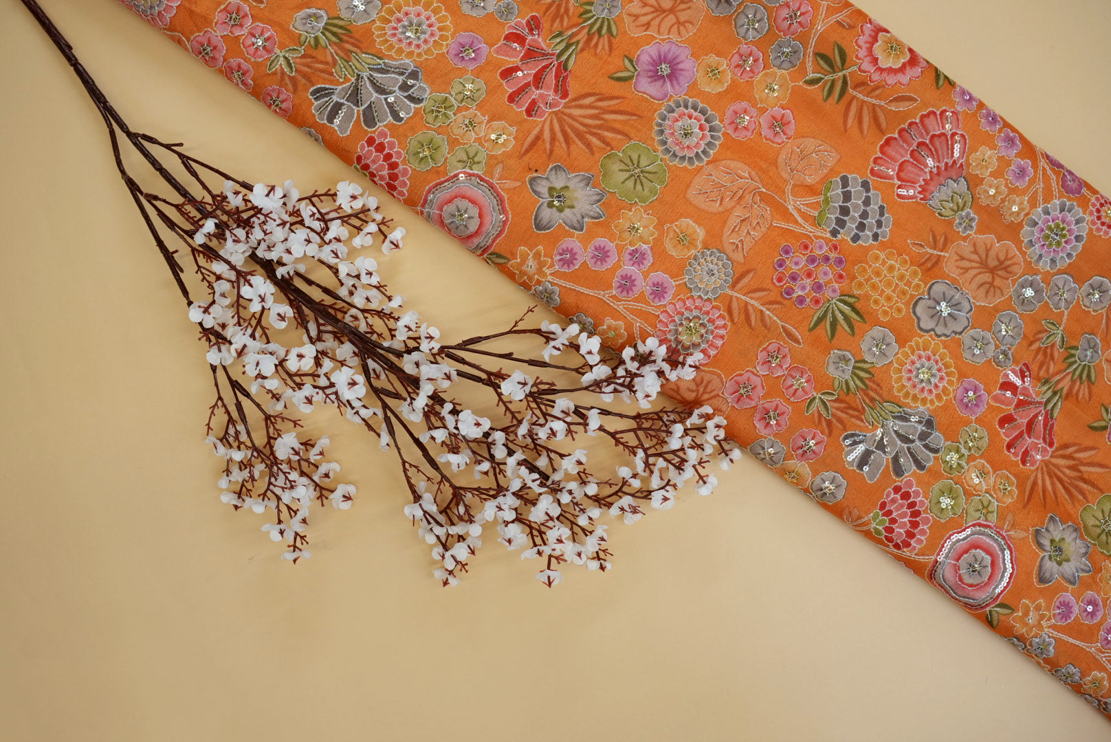 Orange Digital Floral Chinon Chiffon with Thread & Sequin Embroidery