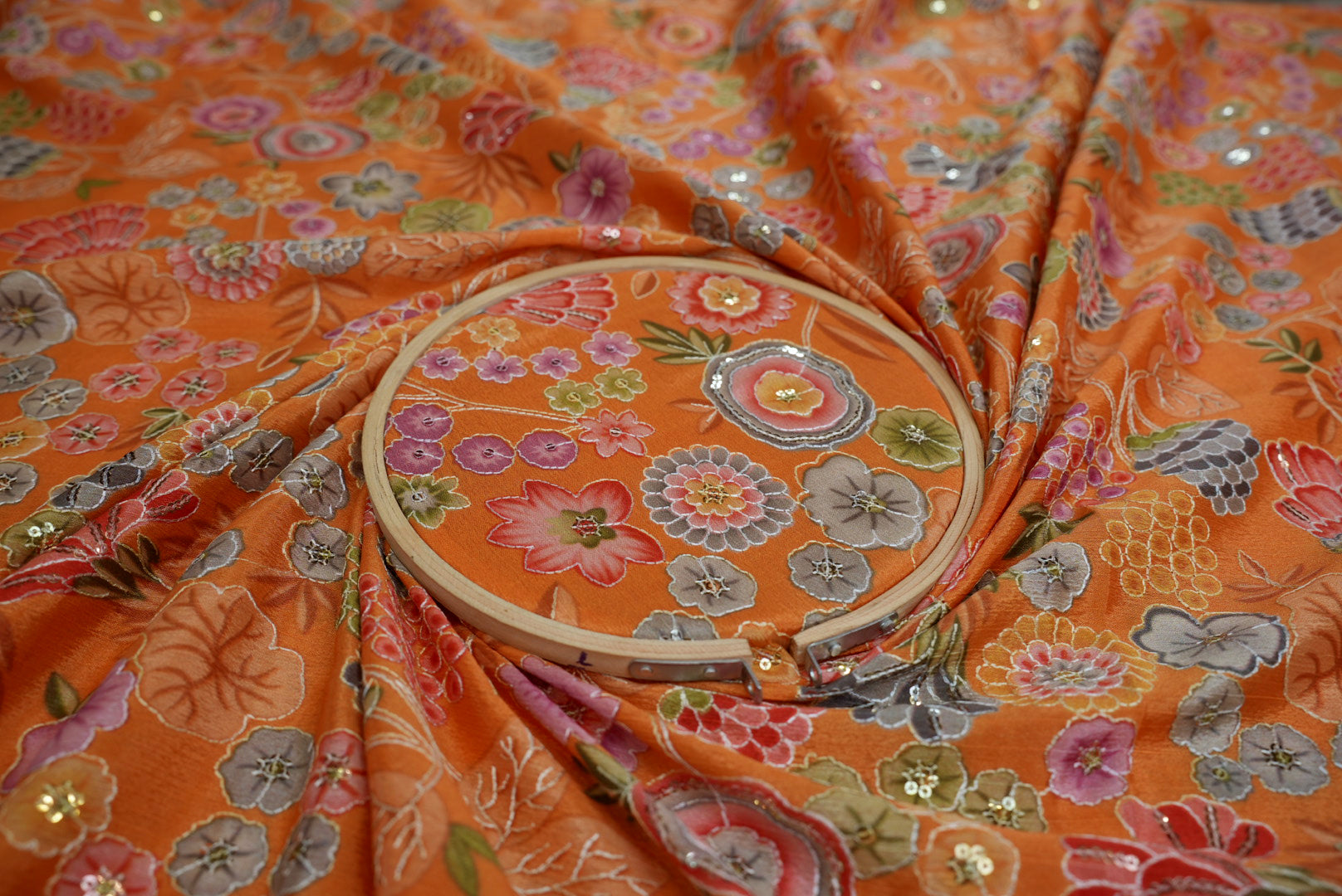 Orange Digital Floral Chinon Chiffon with Thread & Sequin Embroidery