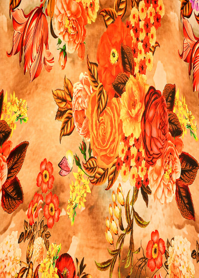 Mustard Brown Georgette Satin Fabric with Allover Floral Print 14259