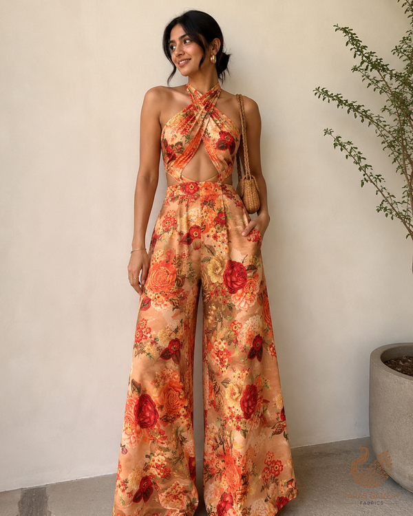 Mustard Brown Georgette Satin Fabric with Allover Floral Print 14259