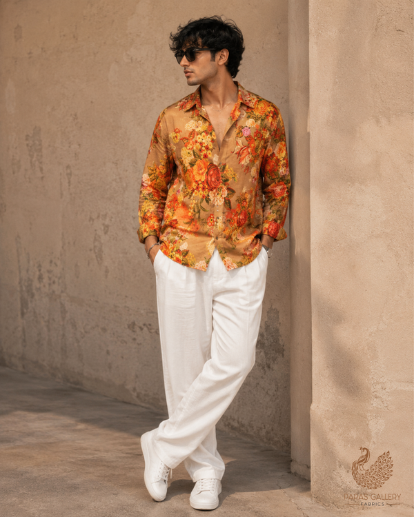 Mustard Brown Georgette Satin Fabric with Allover Floral Print 14259