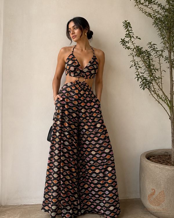 Black Georgette Satin Fabric with Allover Abstract Print 14260