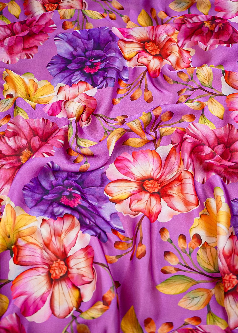 Purple Georgette Satin Fabric With All Over Floral Print 14281