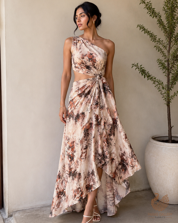 Beige Georgette Satin Fabric with Allover Abstract Print 14282
