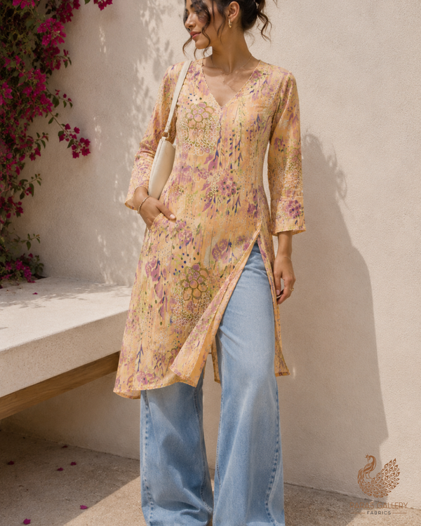 Light Peach Georgette Satin Fabric with All Over Abstract Print 14290