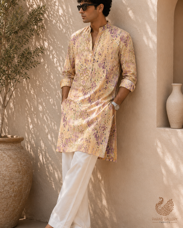 Light Peach Georgette Satin Fabric with All Over Abstract Print 14290