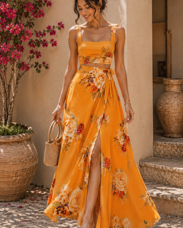 Mustard Georgette Satin Fabric All Over Floral Print 14299