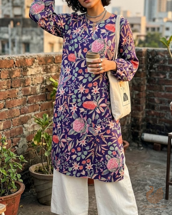 Violet Georgette Satin Fabric All Over Floral Print 14314