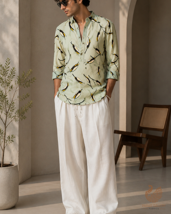 Sea Green Georgette Satin Fabric with All Over Abstract Print 14379