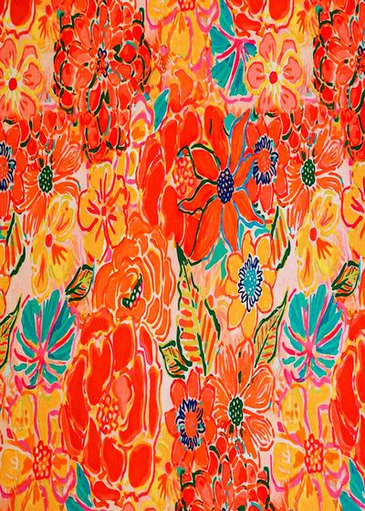 Deep Orange Satin Fabric with Allover Floral Print 14399