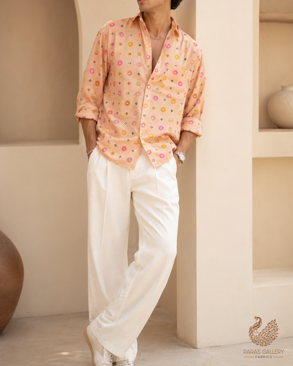 Peach Linen Satin Fabric with Allover Abstract Motifs Print 14414