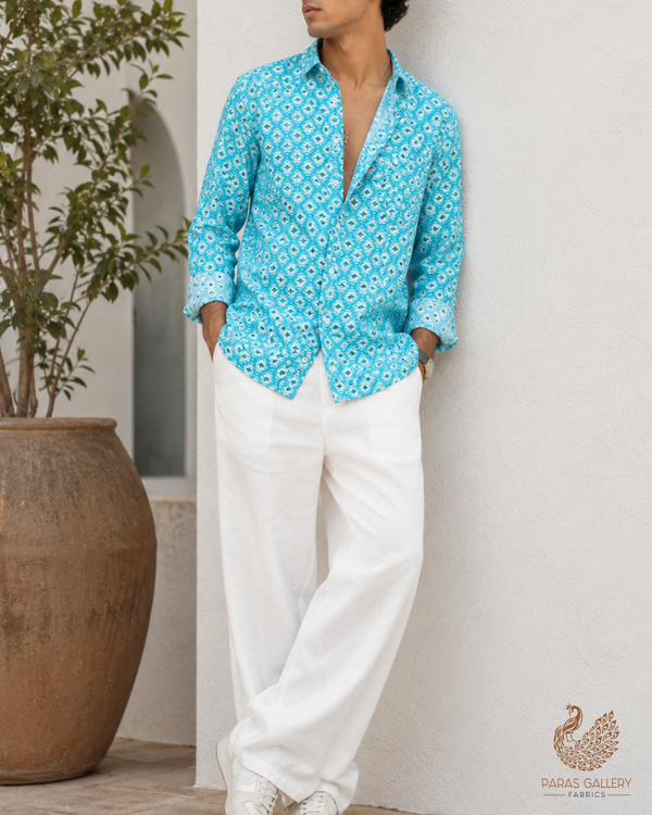 Sky Blue Linen Satin Fabric with Allover Abstract Print 14416