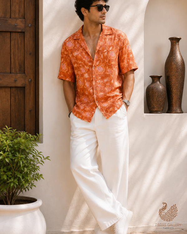 Rust Orange Linen Satin Fabric with Allover Floral Prints 14420