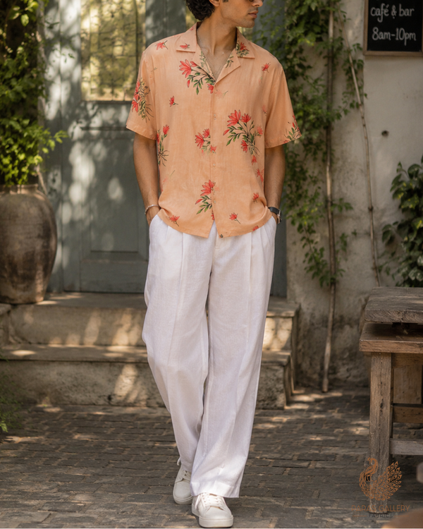 Peach Linen Satin Fabric with Allover Floral Motifs 14422