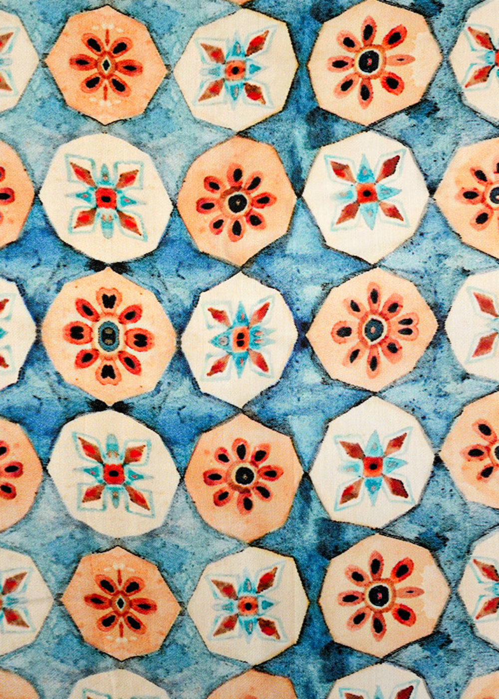 Blue Viscose Modal Satin Fabric with All-Over Abstract Motifs Print 14482