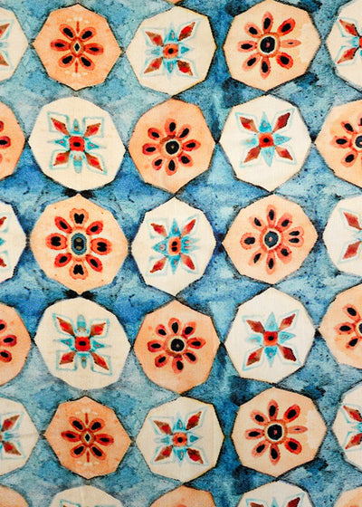Blue Viscose Modal Satin Fabric with All-Over Abstract Motifs Print 14482